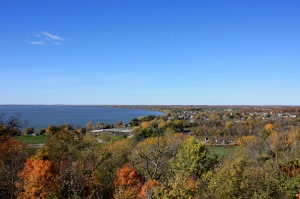 The 40-foot observation tower at High Cliff State Park provides sweeping views of Lake Winnebago and the surroundign landscape, including the small town of Sherwood.